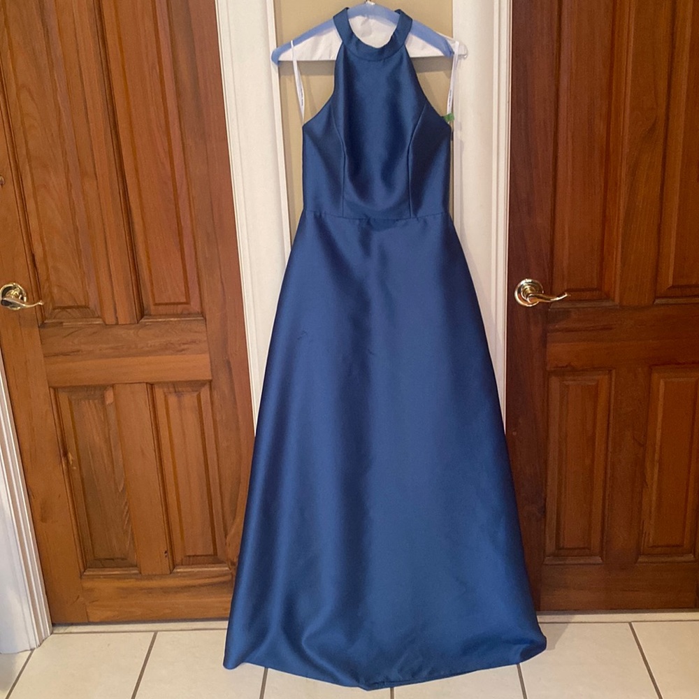 Alfred Sung High Neck Cutout Sating Dress with Pockets in Dusk Blue